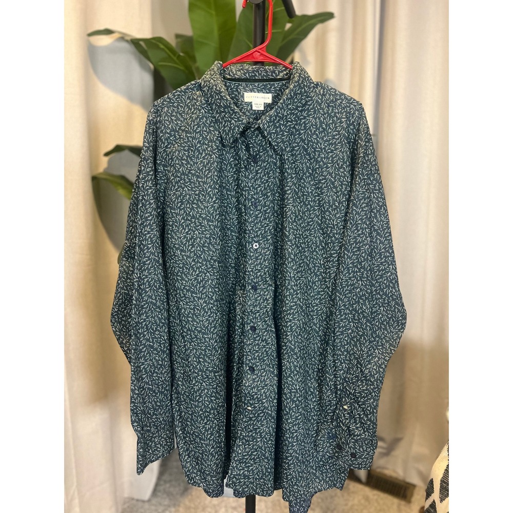 Cutter & Buck Mens 3XB Big & Tall Green Leaf Print Button Down Shirt Long Sleeve